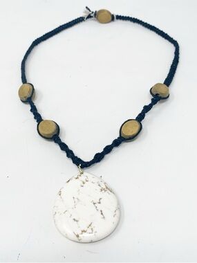 Coastal Boho White Stone Earthy Statement Pendant Necklace Macrame Hemp Artisan